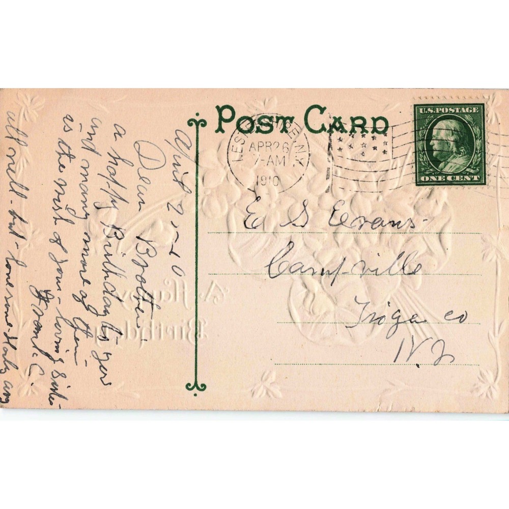 Vtg 1910 Embossed Birthday Postcard Purple Violets Gold Leaves Lestershire NY - Picture 2 of 2